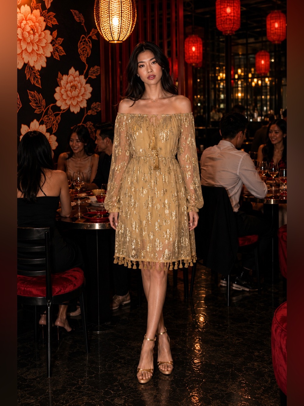 NWT BEAUTIFUL Metallic Gold Off-Shoulder Tie-Front Dress